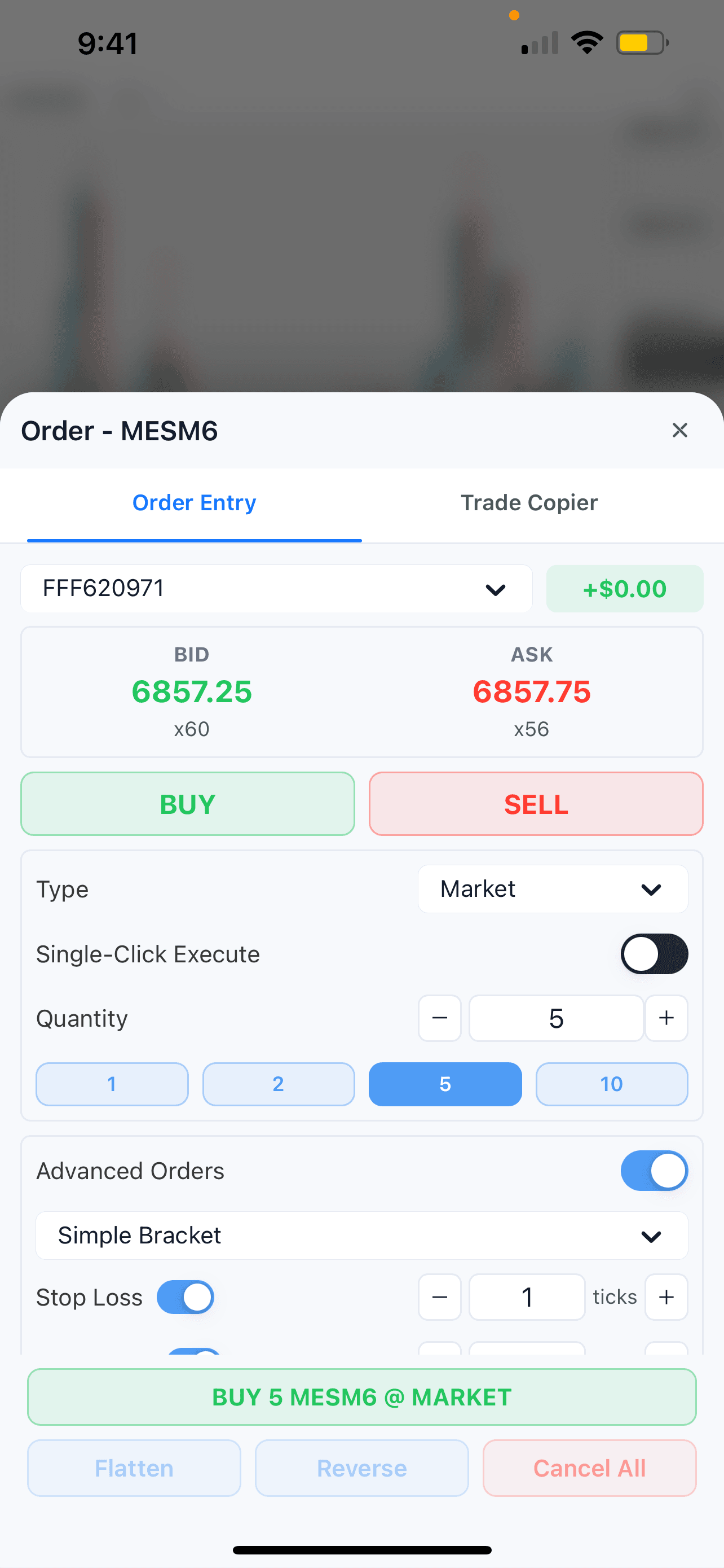 Trading app order panel displaying bid and ask prices, quantity selection, order type, and advanced order options. for mobile app.