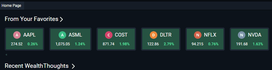 Stock ticker cards showing current prices and percentage changes for favorite companies on a dark-themed financial dashboard.